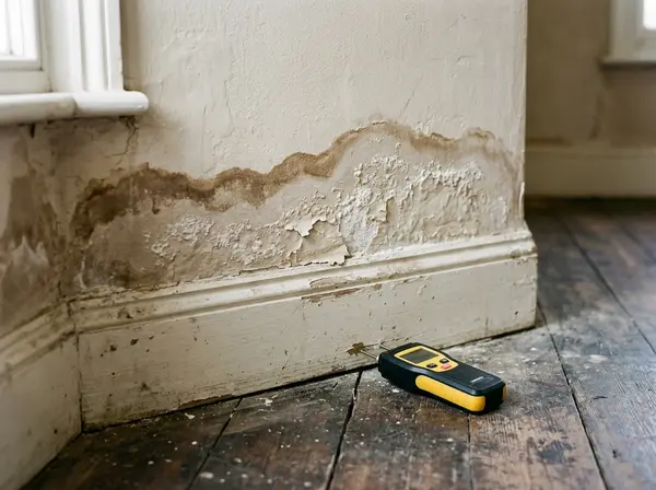 Rising damp on an inside wall: a brown tide mark, salts and flaking paint above the skirting board, with a damp meter on the floor