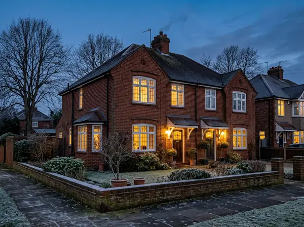 A red-brick semi-detached house on a frosty winter evening, with warm light in the windows